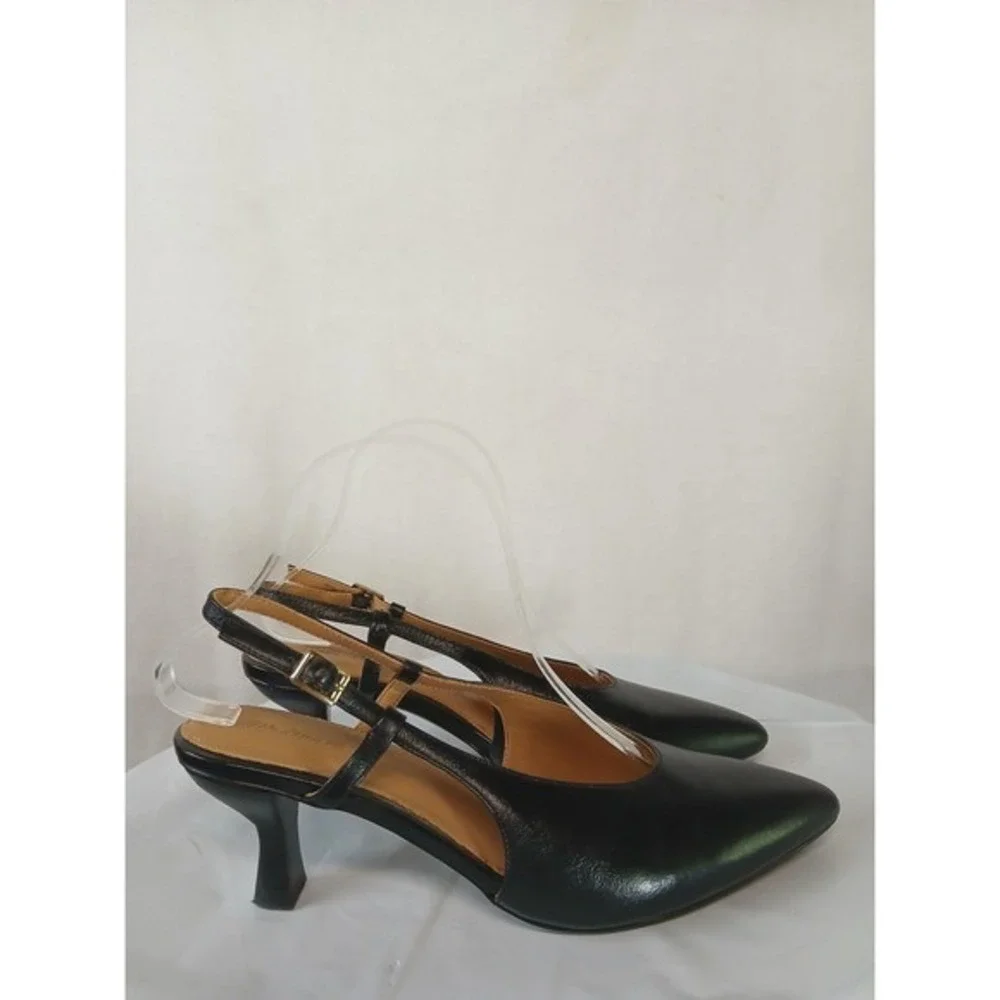 Madewell The Debbie Genuine Leather Slingback Pump Black Pointed Toe Kitten sz 8